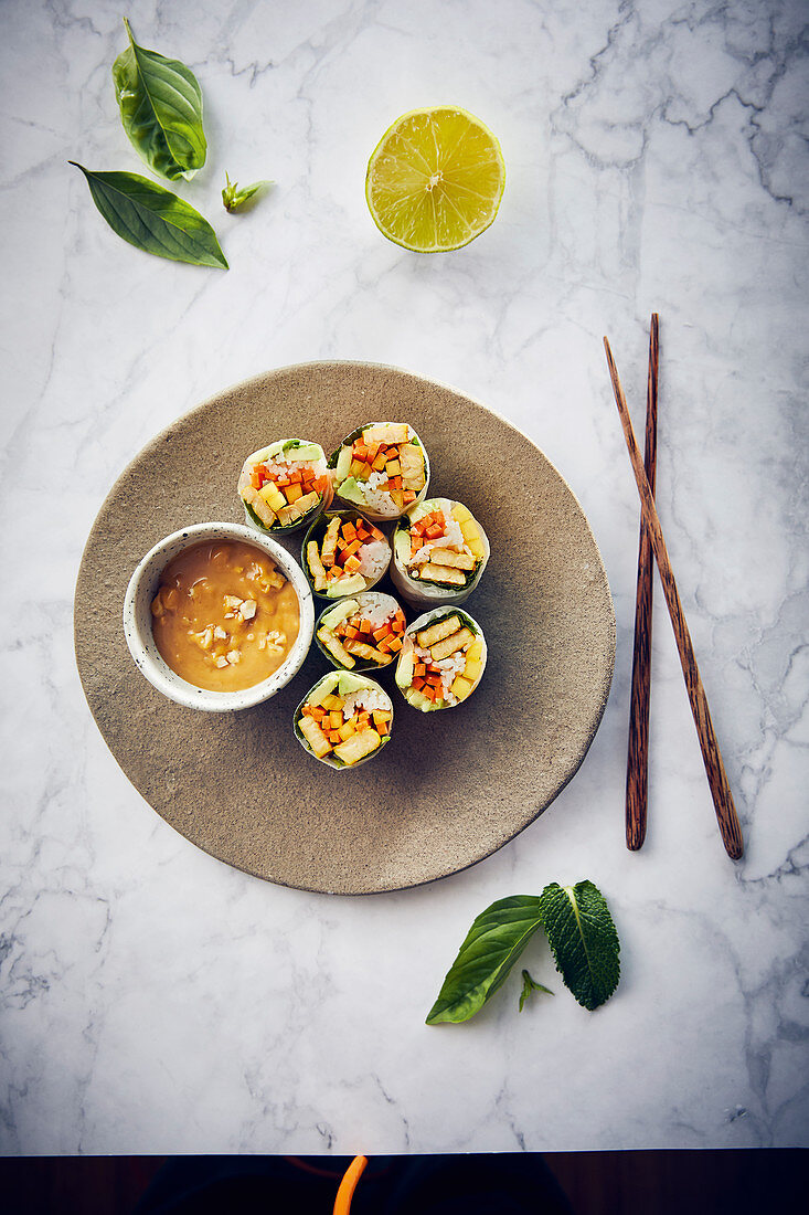 Vegan summer rolls with curry tempeh and a cashew nut dip