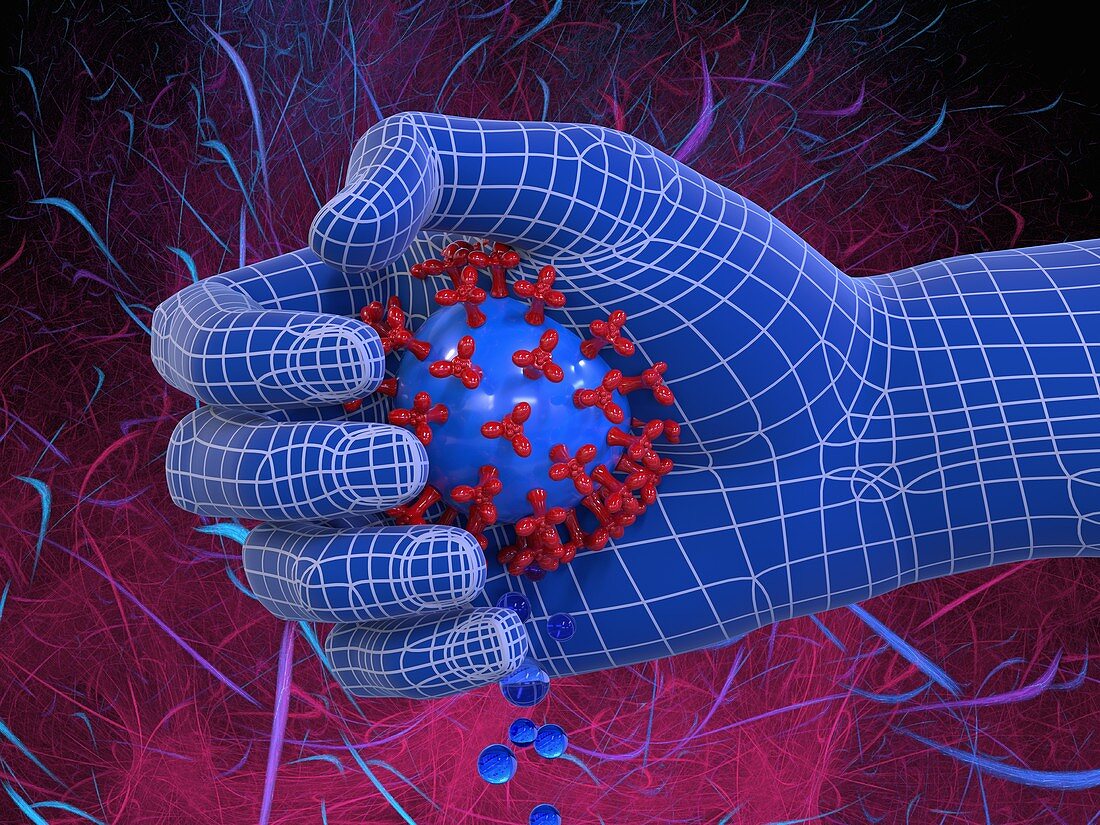 Hand crushing coronavirus, illustration