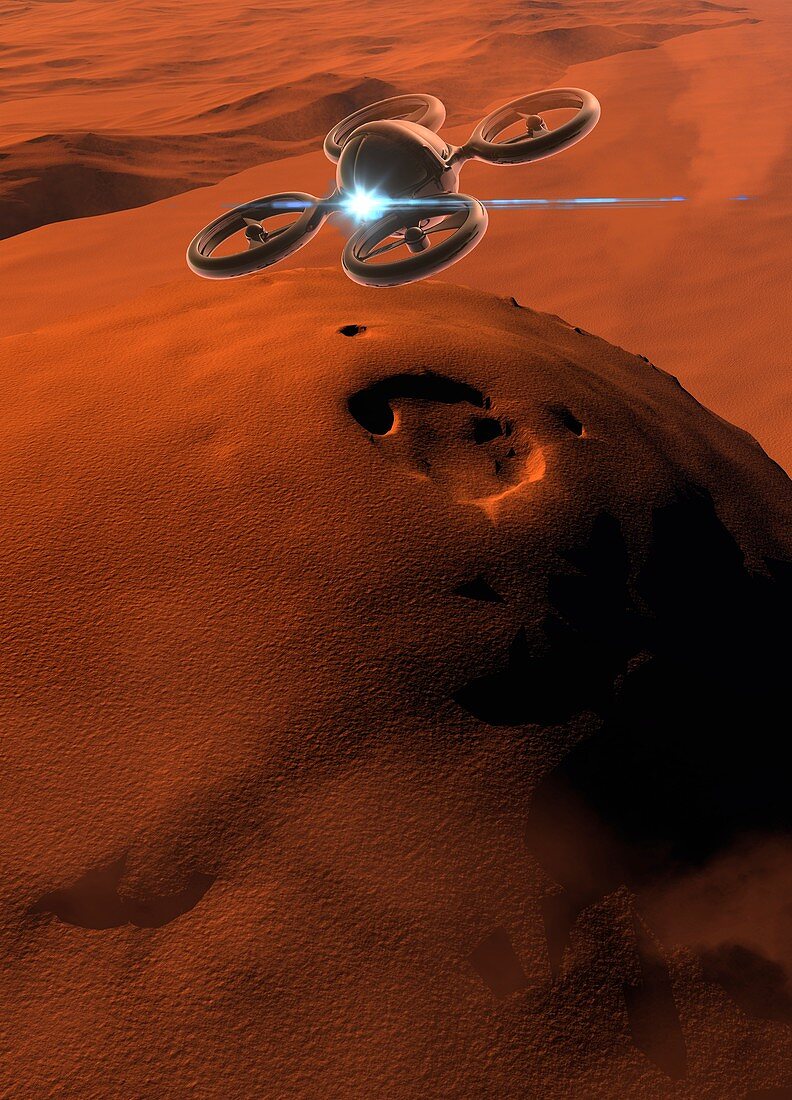 Spacecraft flying over Mars, illustration