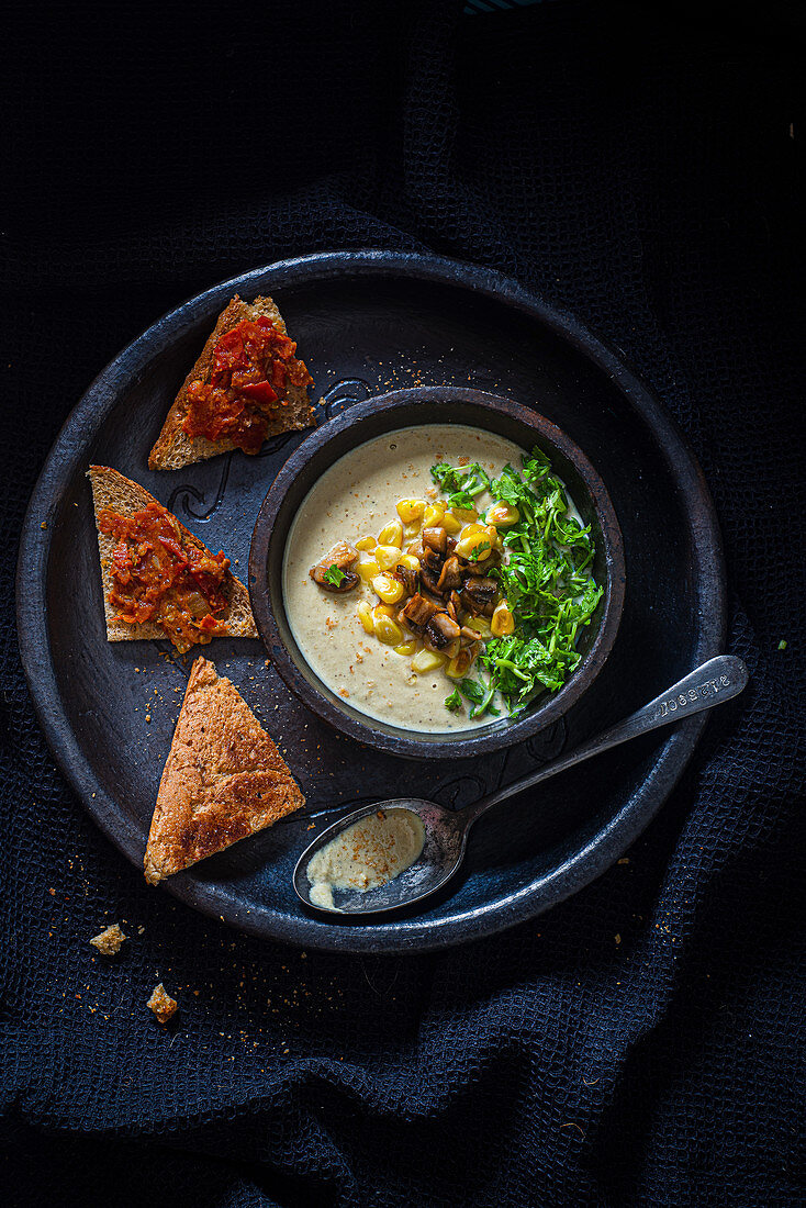 Indian mushroom soup with sweetcorn