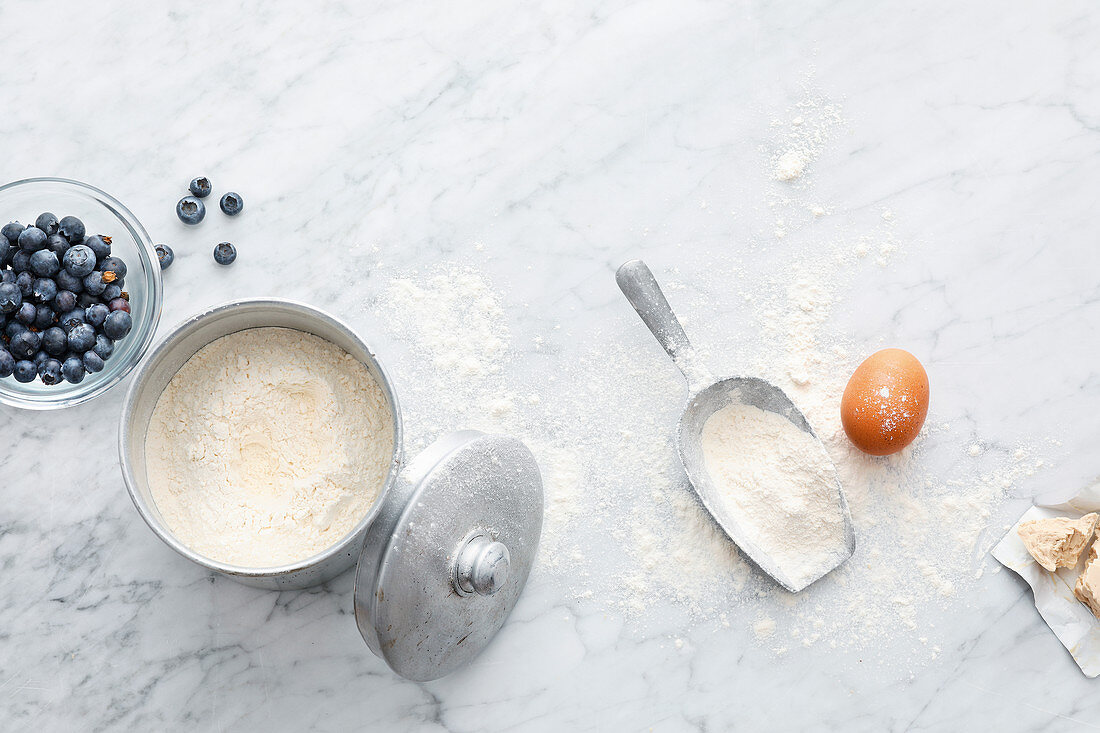 Flour, blueberries, yeast and an egg