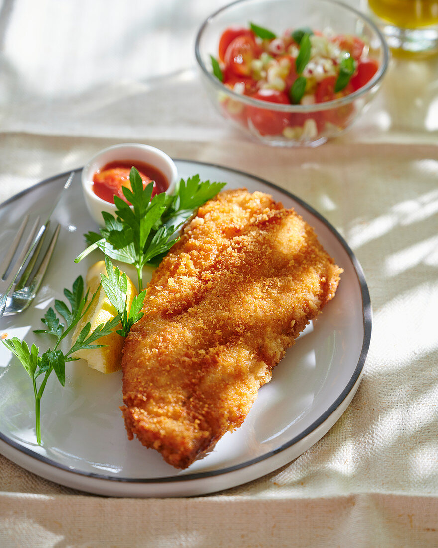 Breaded pollack with lemon and parsley