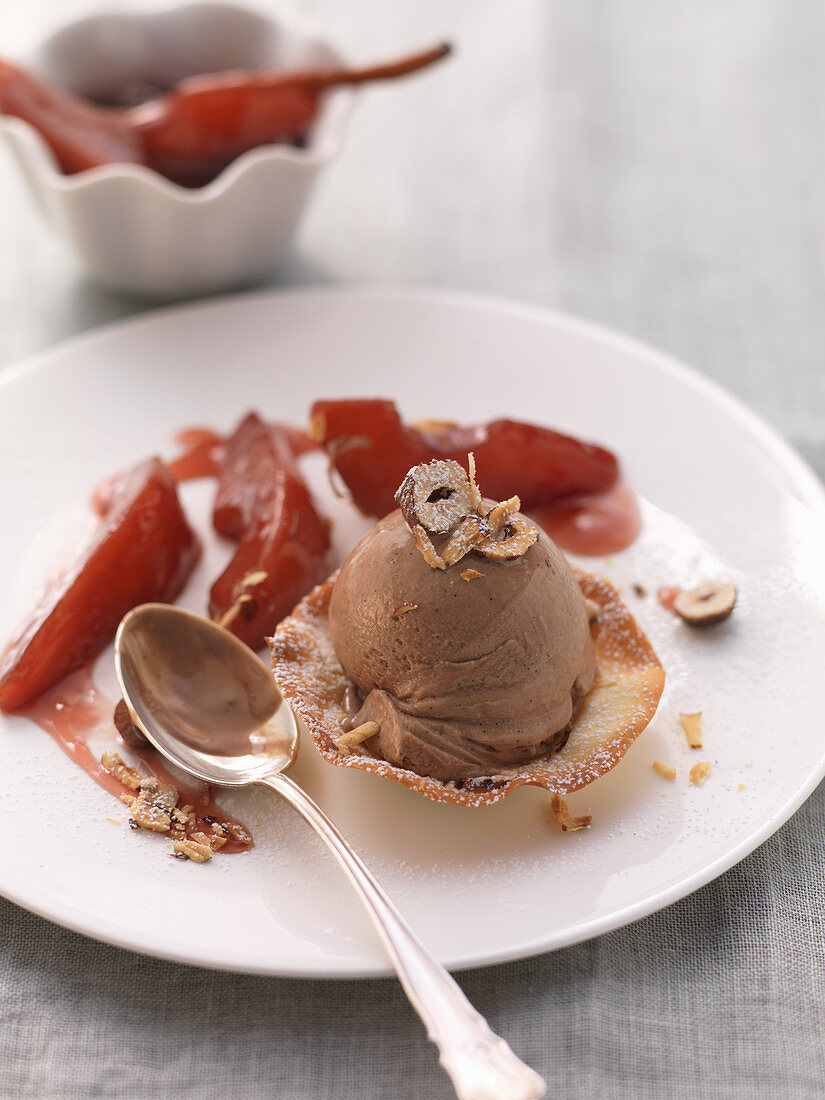 Nougat ice cream with red wine pears