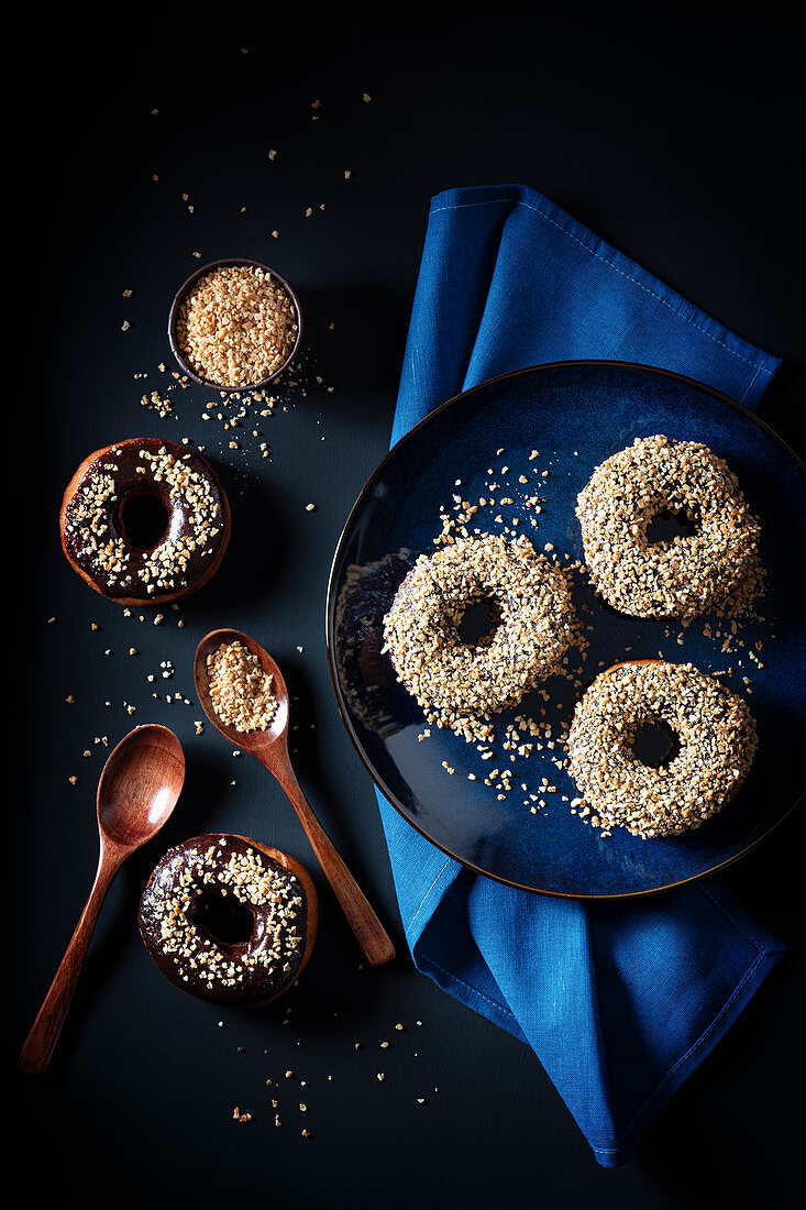Donuts with chocolate glaze and waffle crumbs