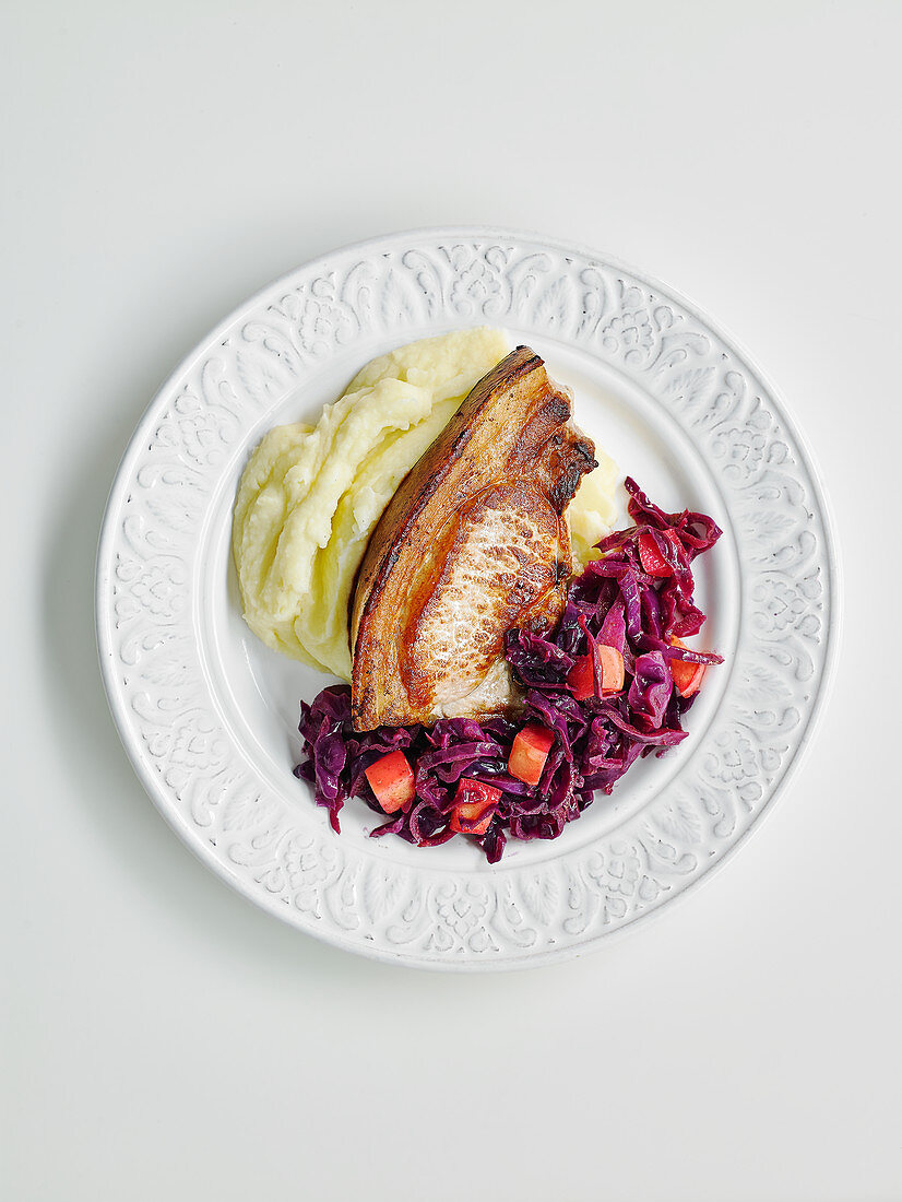 Pork chop with braised red cabbage and mashed potatoes