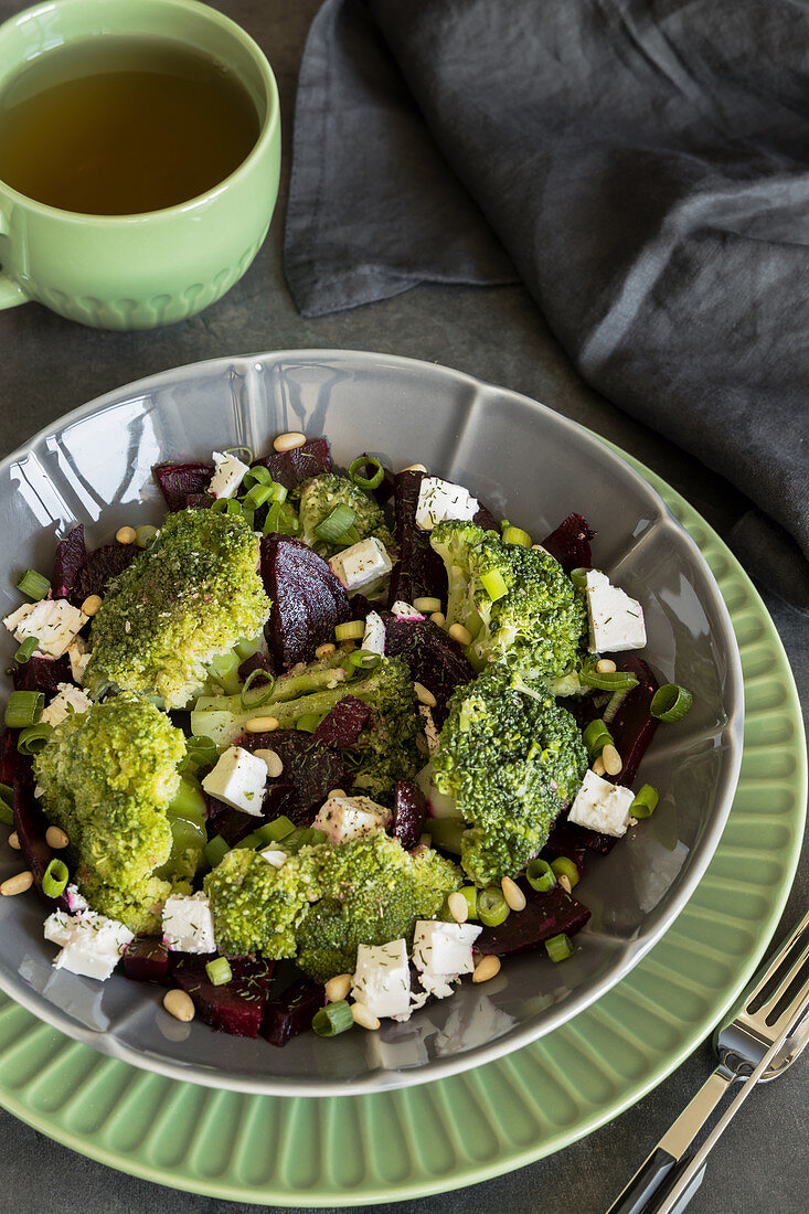 Beetroot, broccoli, cheese and pine nuts salad