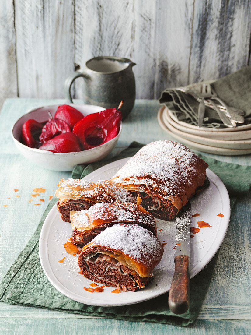 Chocolate strudel with red wine pears