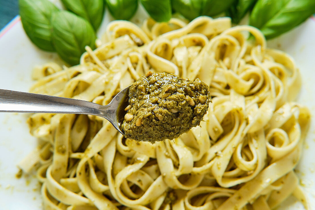 Spoon with pesto sauce and tasty Italian pasta