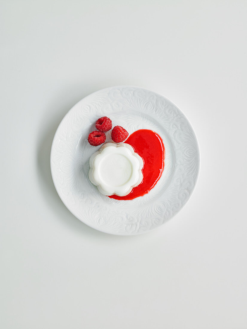 Vanilla panna cotta on raspberry coulis