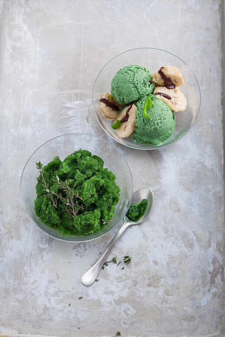 Baked banana with basil ice cream and thyme sorbet with chlorella