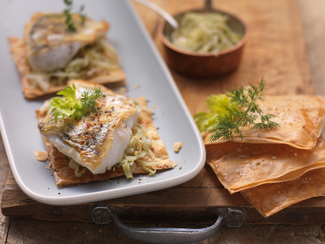 Pikeperch on open cabbage strudel with potato and chili sauce