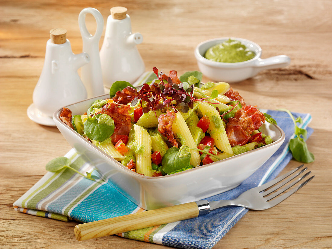 Pasta salad with bacon and a mint and pea dressing