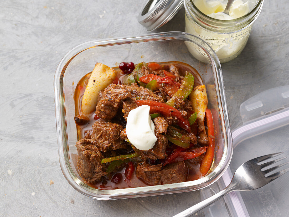Lamb and mushroom stew with peppers