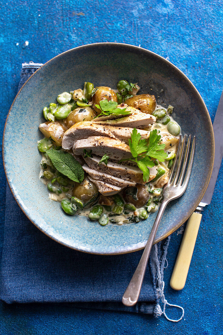 Chicken breast with new potatoes and fava beans in a creamy sauce