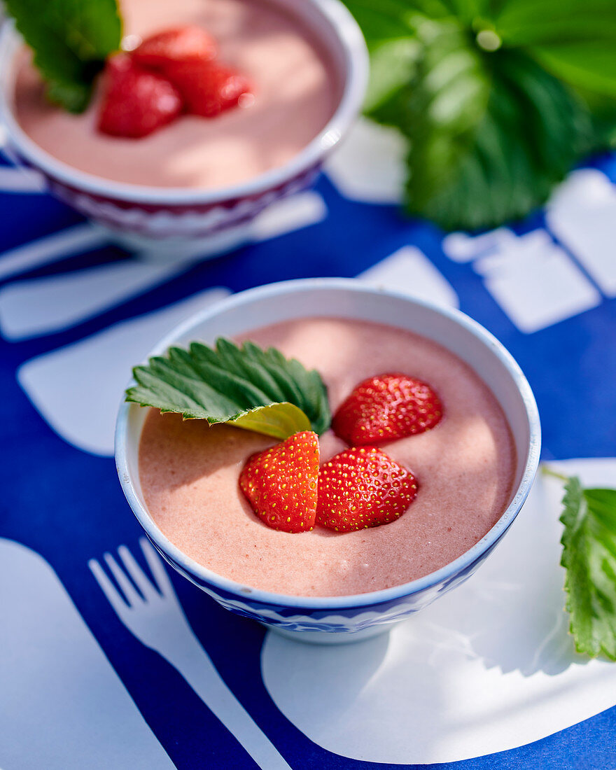 Strawberry mousse decorated with thin slices of strawberry, Sweden.