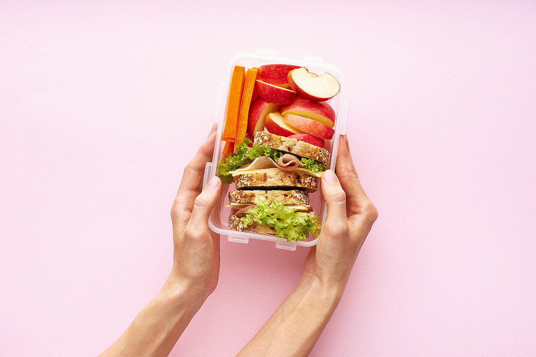 Frauenhände halten Lunchbox mit gesunden Snacks