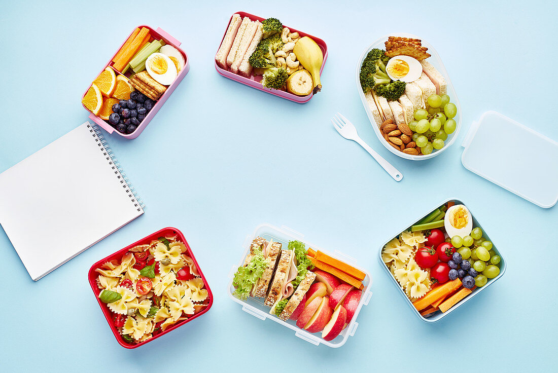 School lunchboxes with various healthy nutritious meals