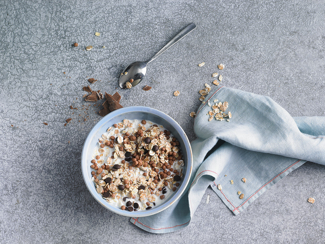 A bowl of chocolate muesli with yoghurt