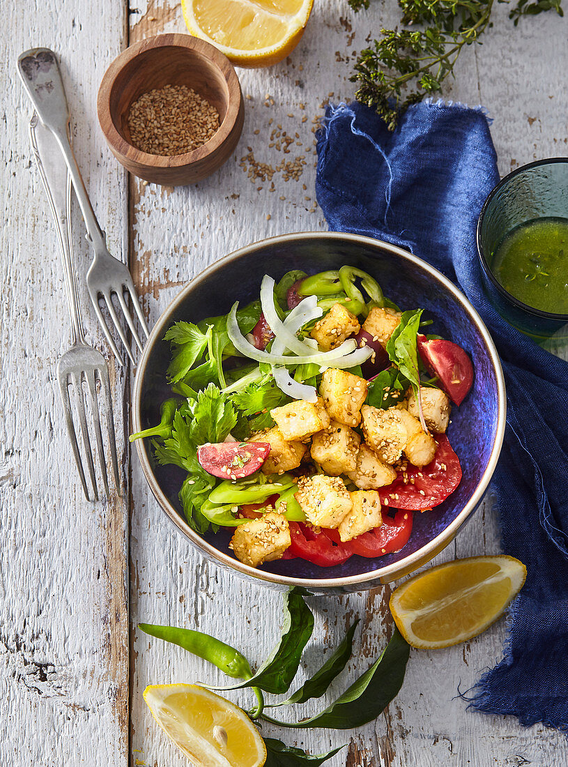 Fried halloumi cheese with vegetable salad