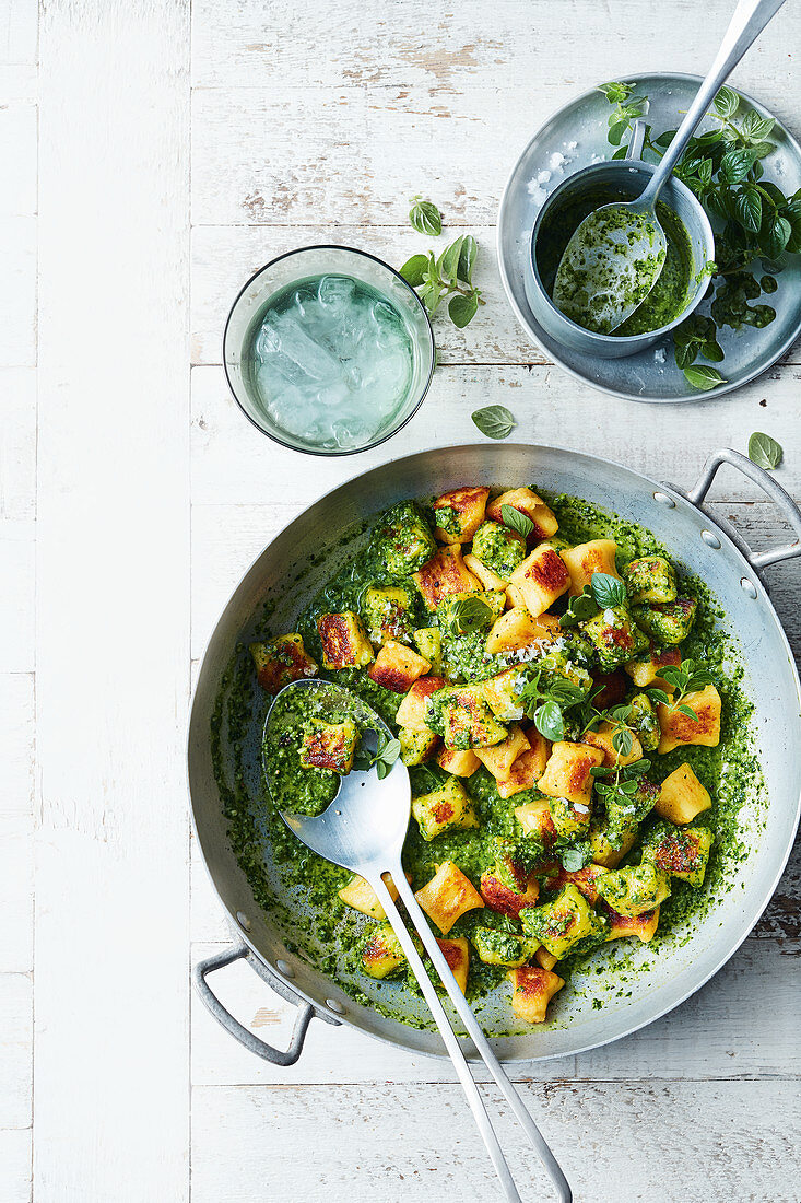 Roasted gnocchi with pesto