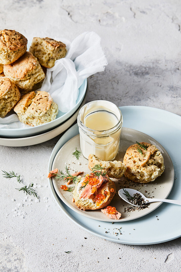 Lemon and fennel scones with hot-smoked trout