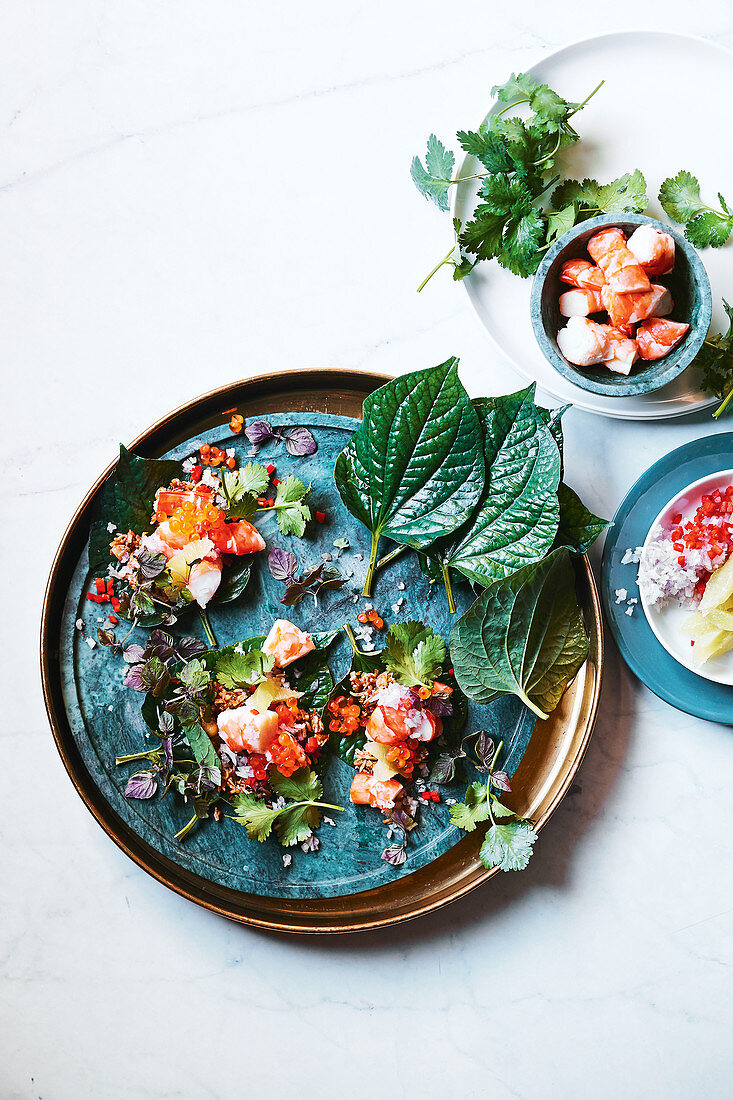 Prawn Miang with betel leaves