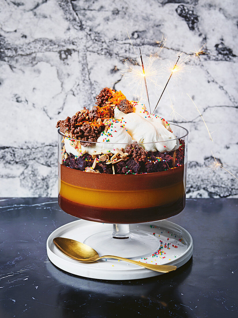 Birthday cake trifle with ganache, chocolate mousse and cocolate crackle