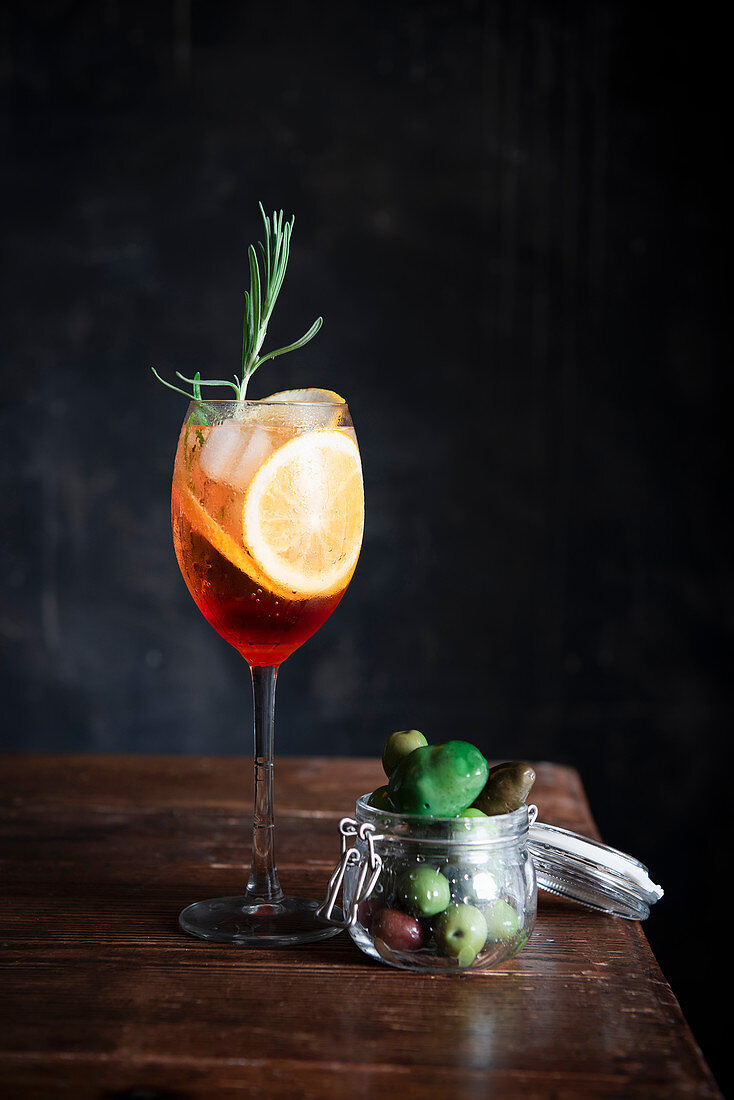 Aperol Spritz with olives