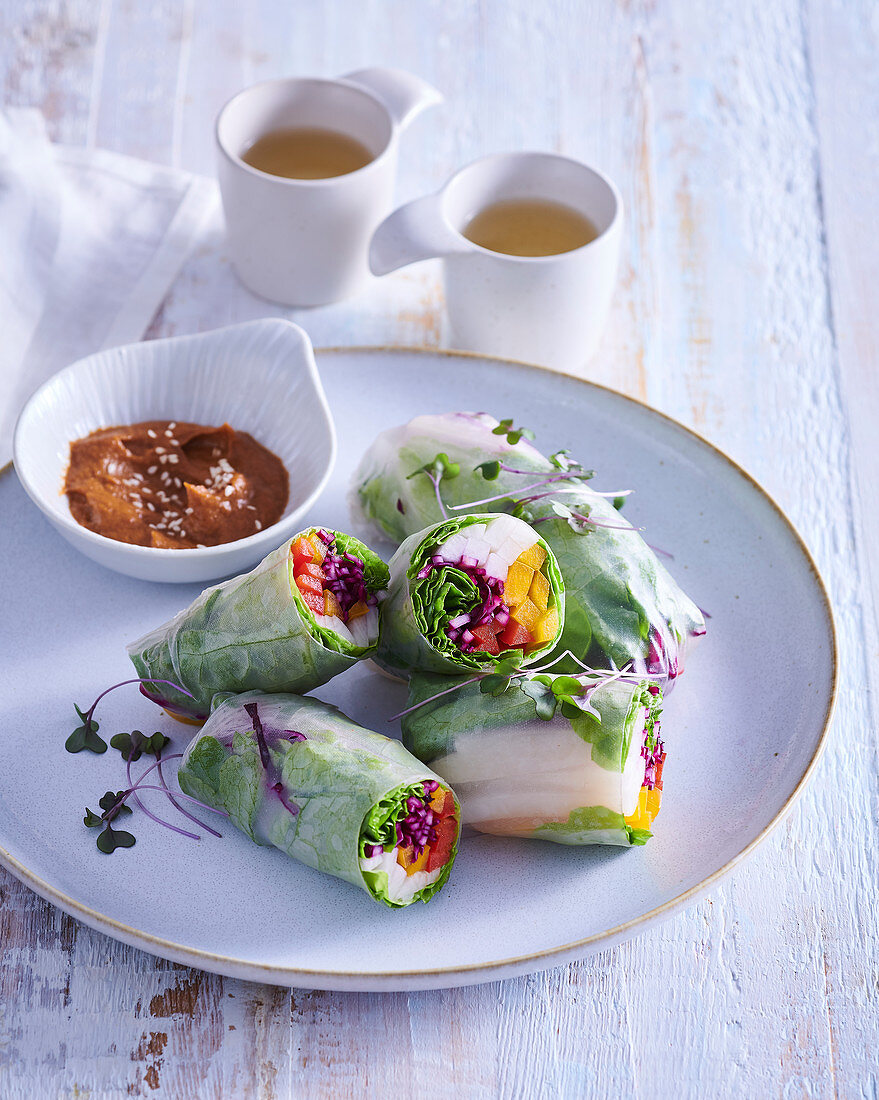 Asian summer rolls with vegetable filling and peanut dip