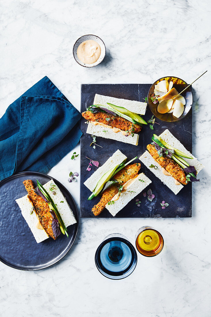 Fish finger sandwich with miso and bacon mayonnaise