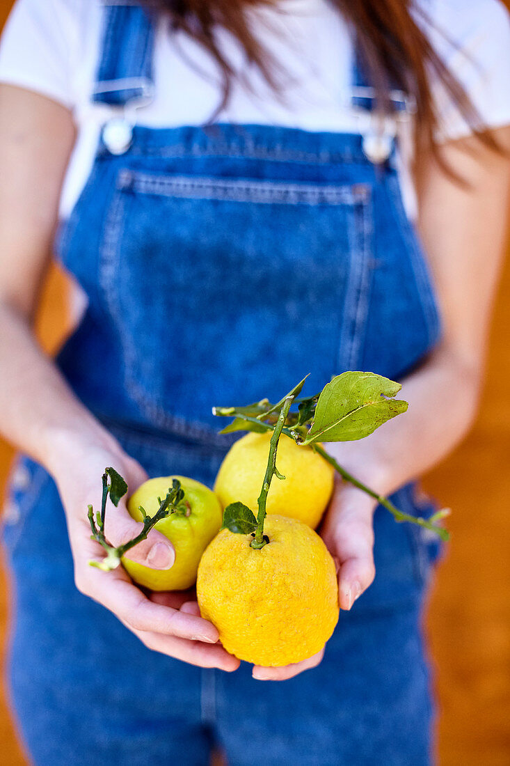 Girl holds fresh lemons