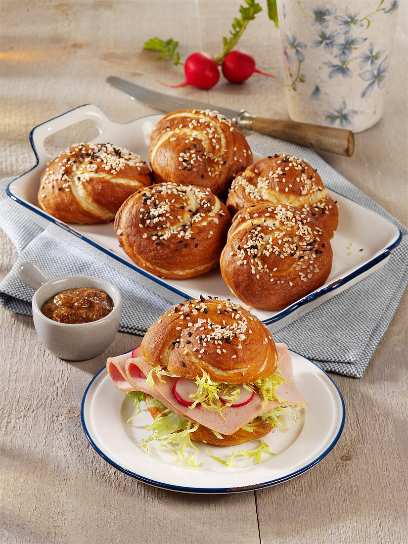 Home-baked pretzel rolls