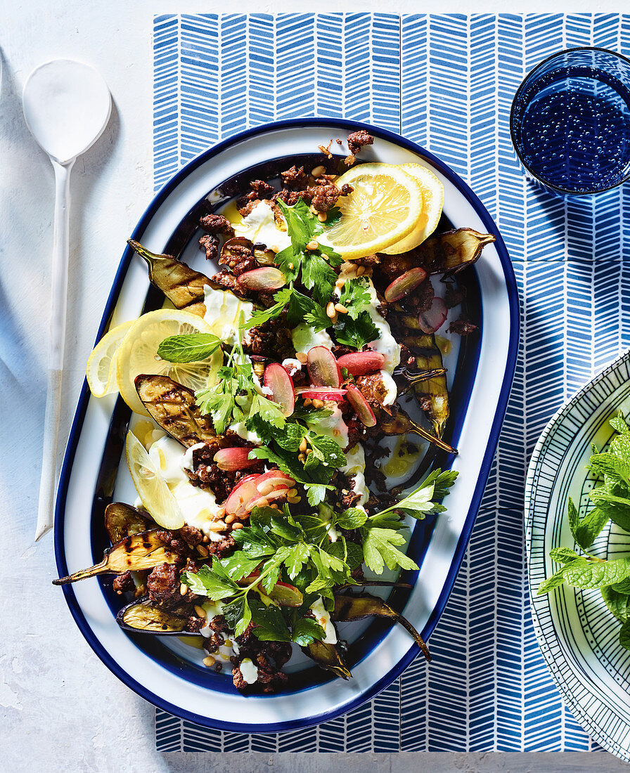 Crispy lamb mince, eggplant, tahini and yoghurt dressing