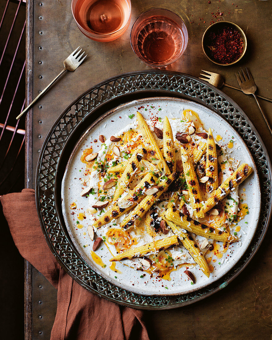 Grilled corn, salted ricotta and smoked almonds