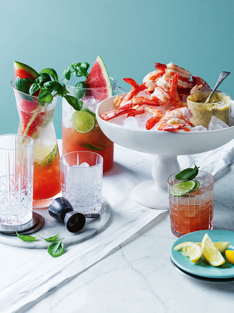 Sparkling watermelon and basil mojito, Chilled prawns with BLT mayonnaise