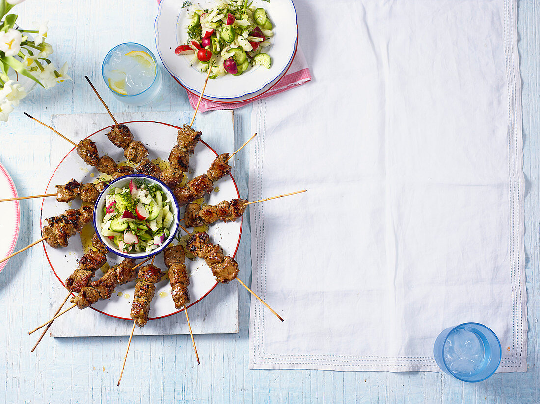 Spring lamb skewers with lightly pickled allotment salad