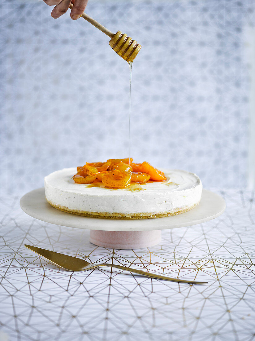 Joghurt-Käsekuchen mit gebratenen Aprikosen und Honig