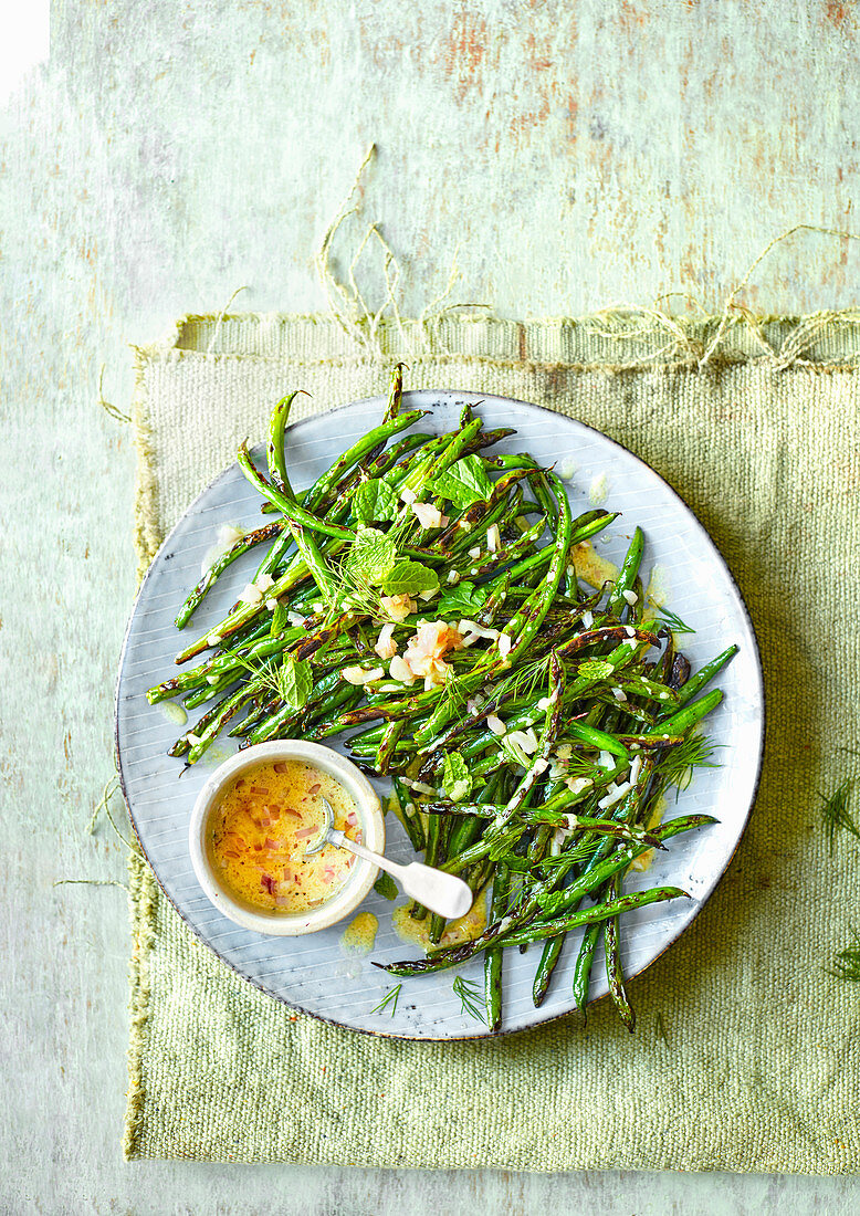 Blistered green bean salad with mustardy dressing