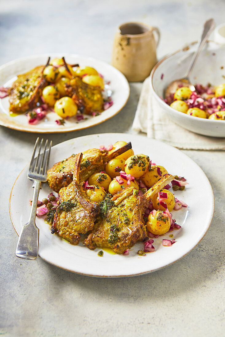 Lamb chops with mint sauce potatoes