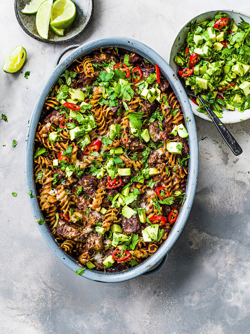 Mexican slow-cooked beef pasta bake