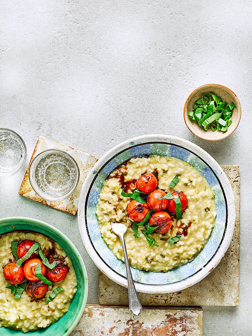 Cheddar and spring onion risotto with balsamic tomatoes