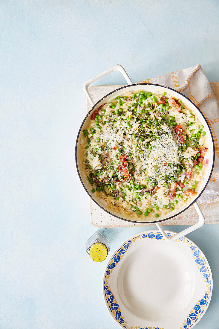 Orzotto with panchetta and peas