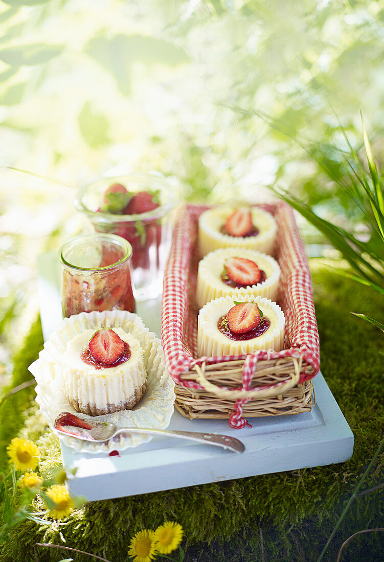 Kleine Erdbeer-Käsekuchen zum Picknick
