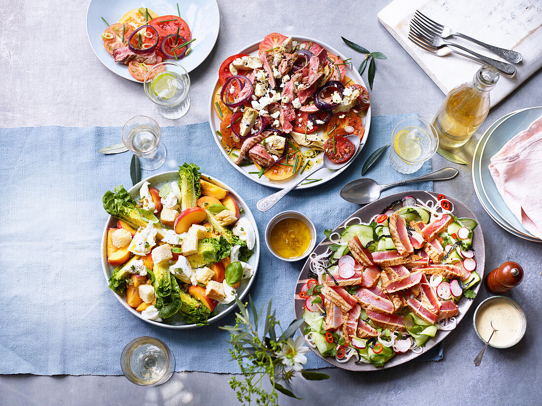 Peach panzanella, Barbecued bavette steak and tomato salad, Seared tuna and cucumber salad