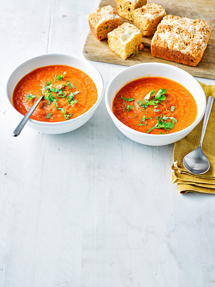 Fresh tomato soup with cheesy cornbread