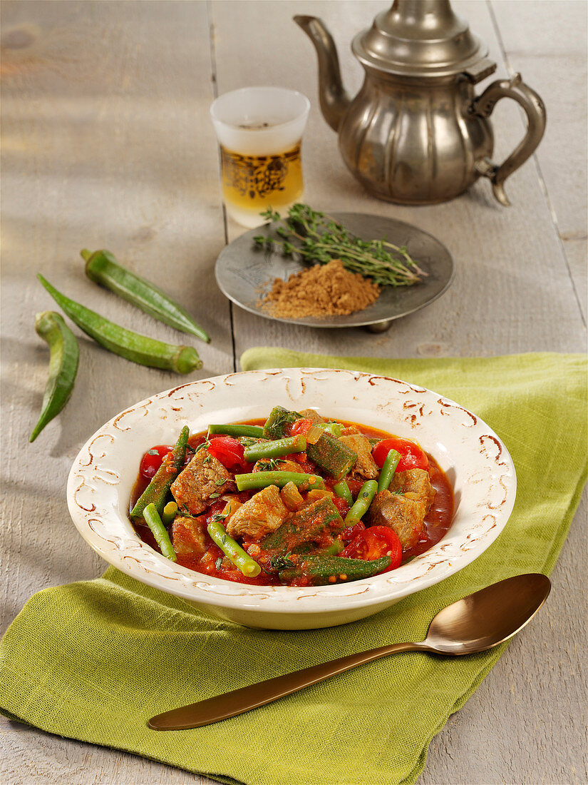 Moroccan lamb stew with okra pods