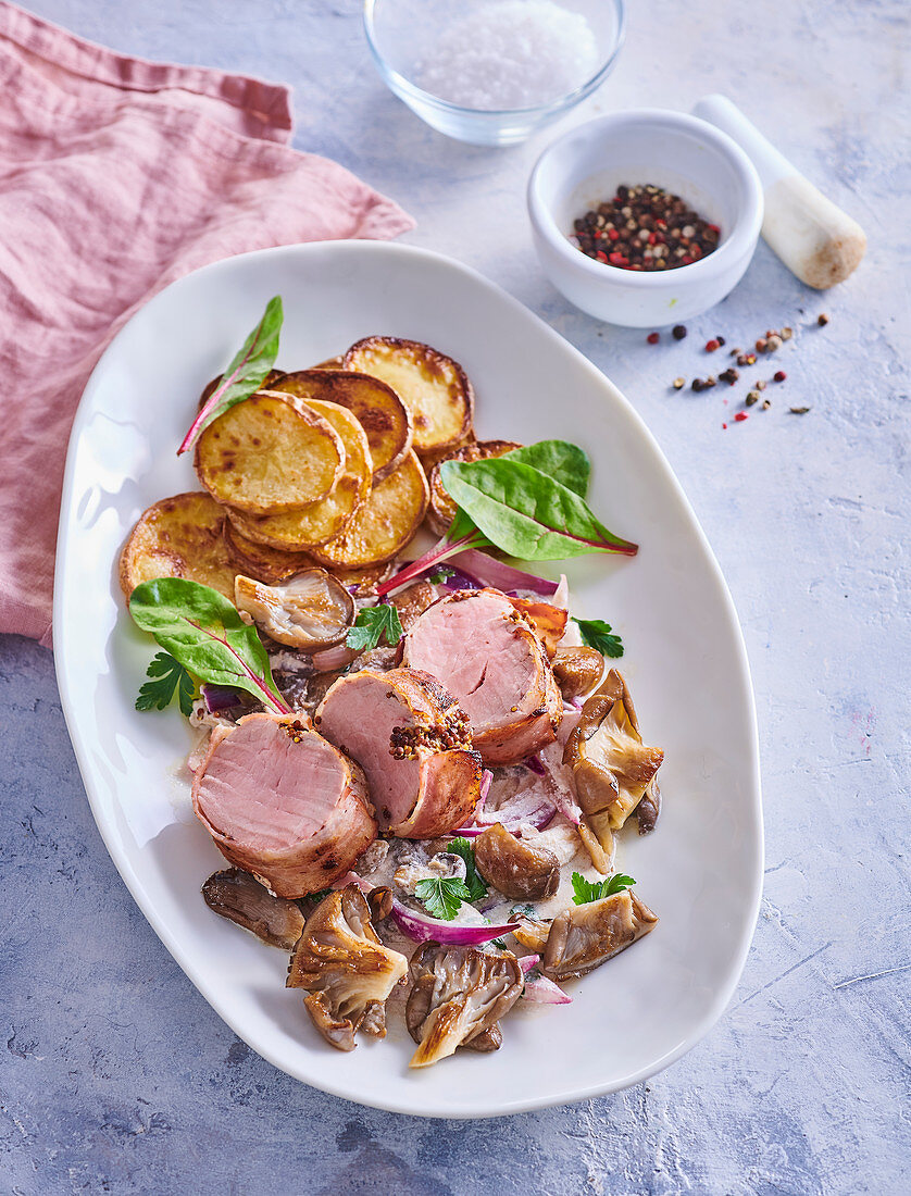 Pork tenderloin, potato dumplings and mushroom ragout