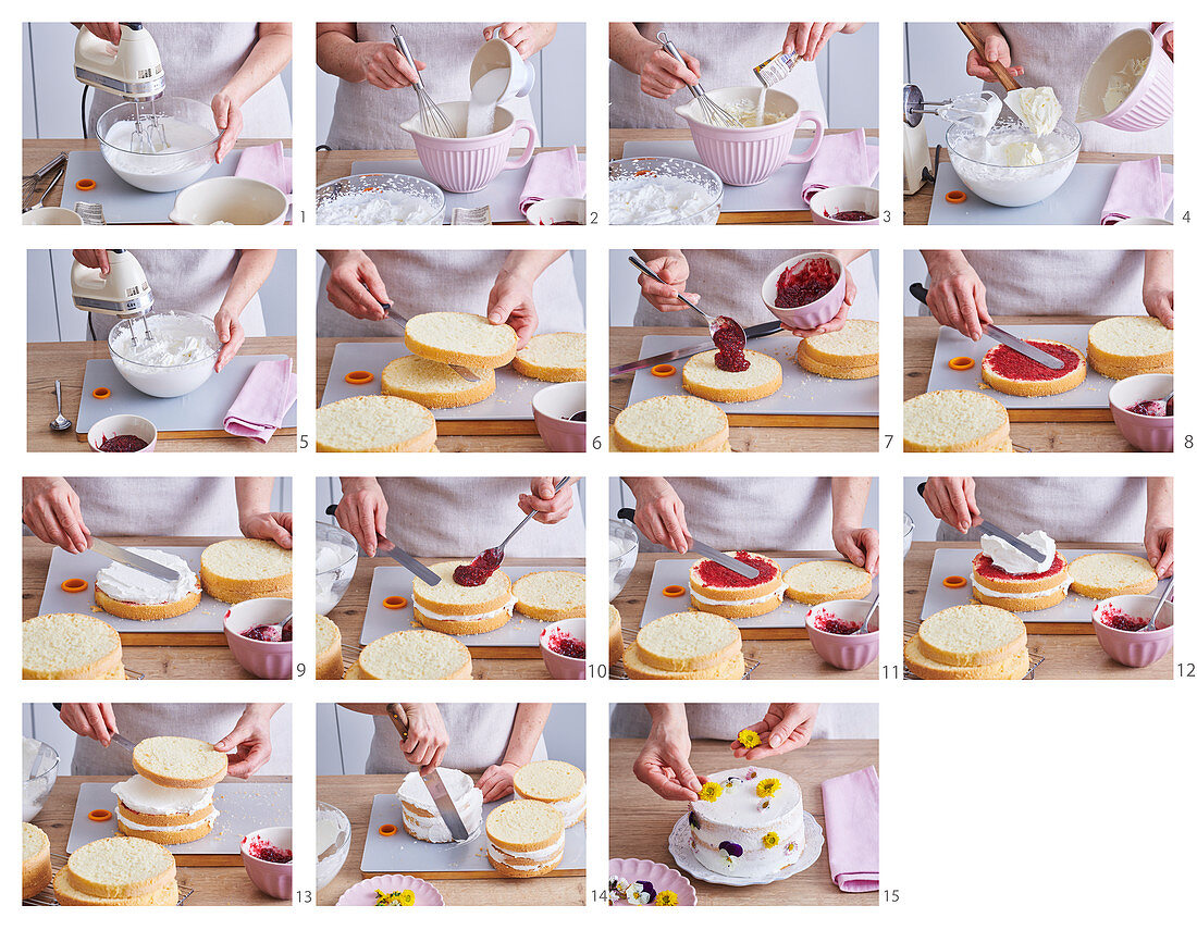 Baking spring cake with edible flowers