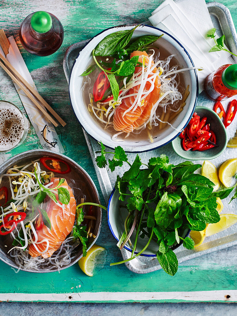 Salmon Pho with kelp noodles