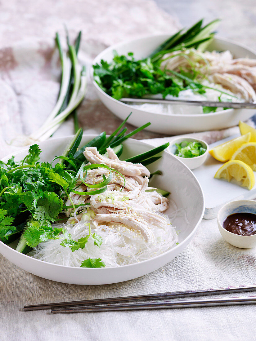 Bang Bang Hähnchensalat mit Kräutern und Mungbohnennudeln (China)